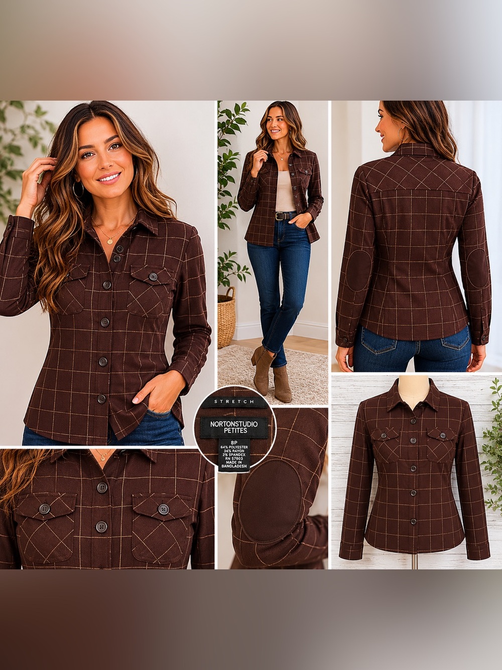 Norton Studio Petites Brown Windowpane Plaid Stretch Jacket Blazer 8P